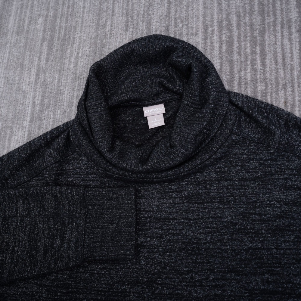 Chicos Zenergy Womens Black Gray Cowl Neck Space Dye Tunic Sweater Size 1 M 8/10